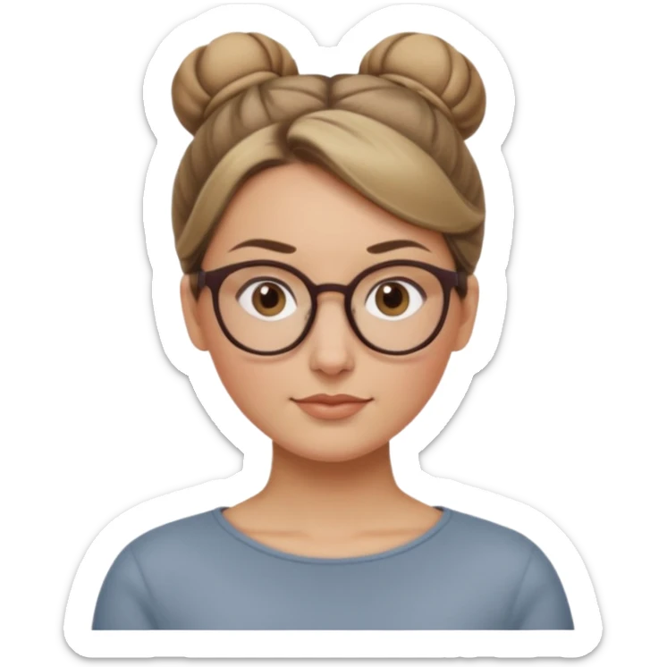 femme de 38 ans avec des cheveux tirés vers l'arrière blond foncé sans mèche devant, un chignon haut, yeux bruns, lunettes rondes, visage ovale sticker