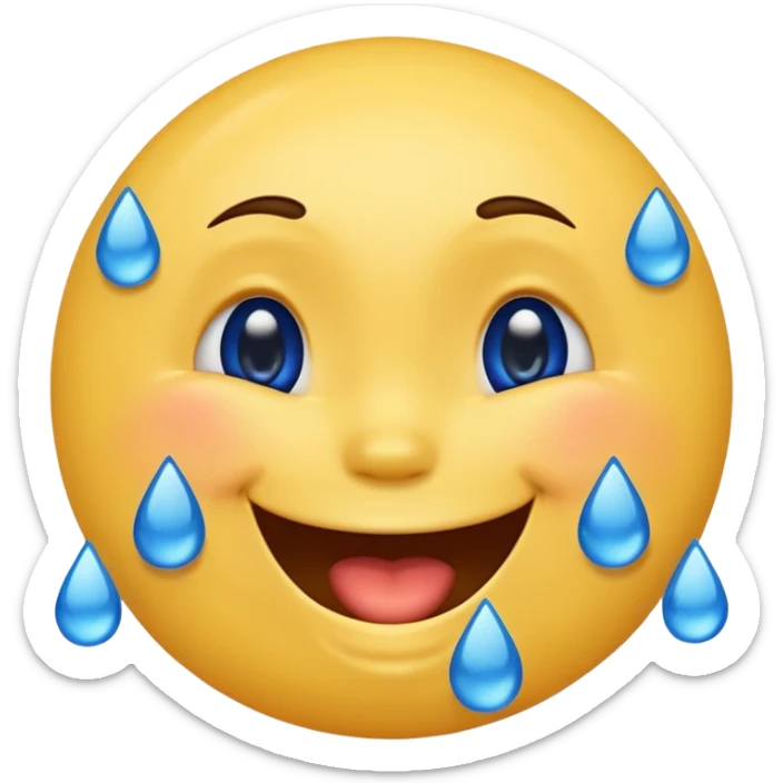 Emoji, yellow round laughing face, blue tears of joy on it. 2 big blue tears on each of the 2 cheeks sticker