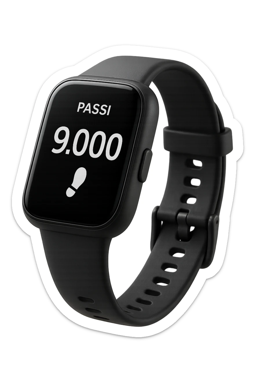 orologio contapassi che segna 9.000 passi sul display in italiano, fluttua in aria, iperrealistica 4k, isolato su sfondo bianco sticker