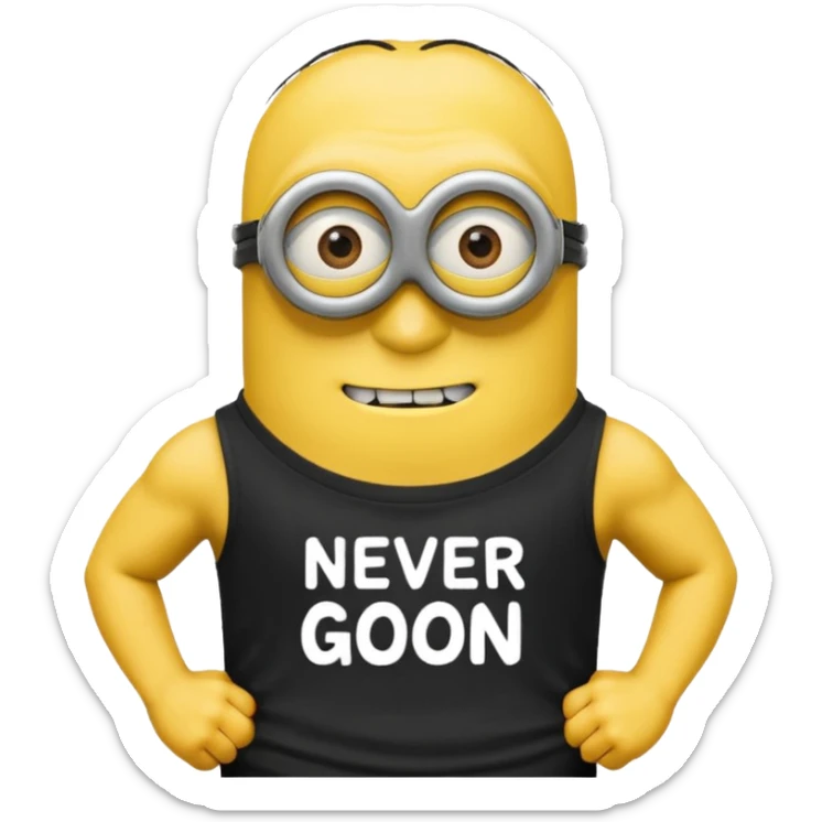 A buff minion wearing a black t shirt top with the words “never GOON” on the shirts chest area sticker