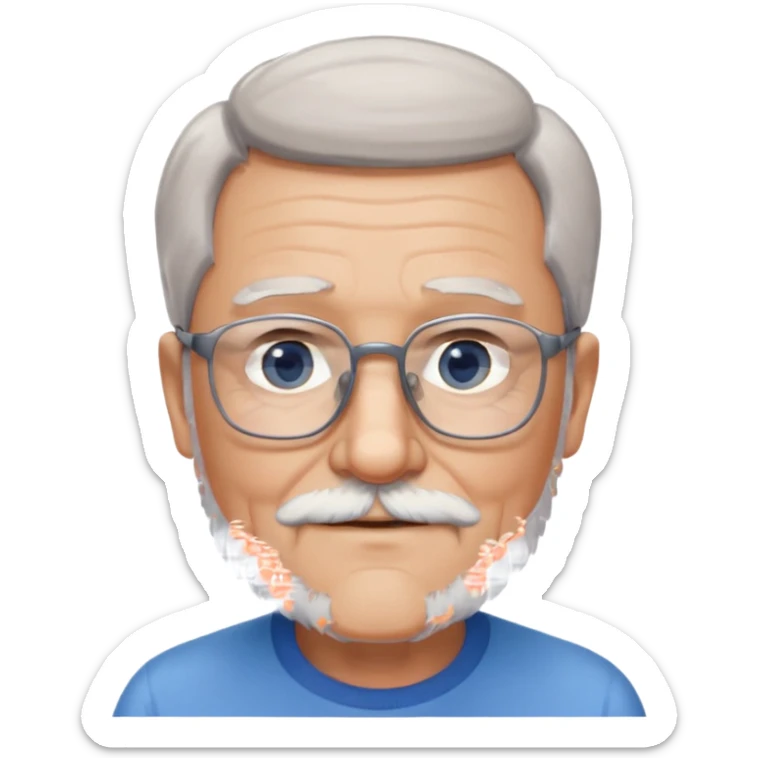Create me an emoji of an old man. Gray really short size hair. Gray follow-up full beard. Squarer Glasses. Blue eyes. Little smile sticker