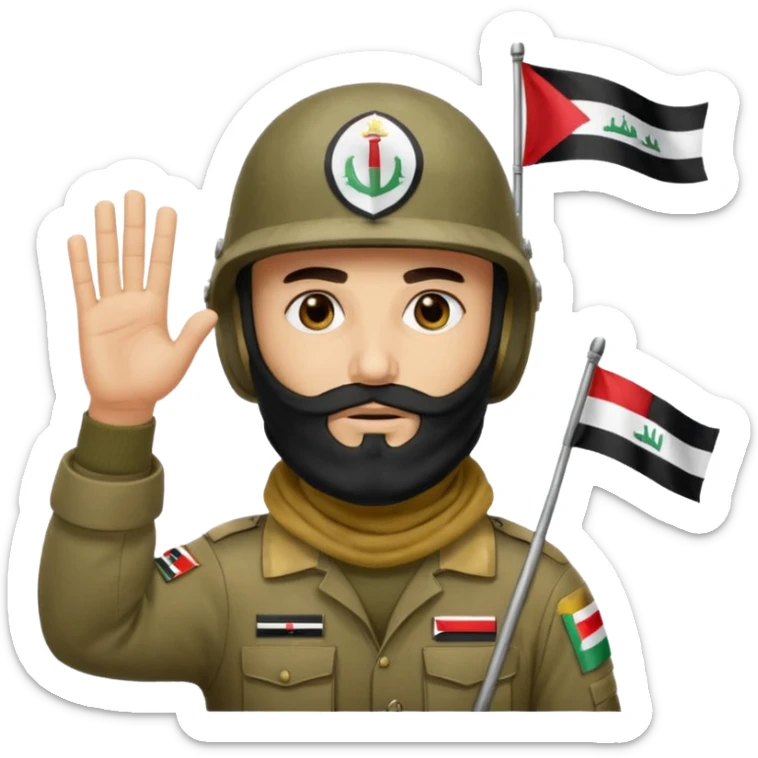 surrenders, depicts an Iraqi soldier from 1980, with a beard, in a helmet, a helmet with sign flag Iraq, with a balaclava, with sad eyes and both hands raised up sticker