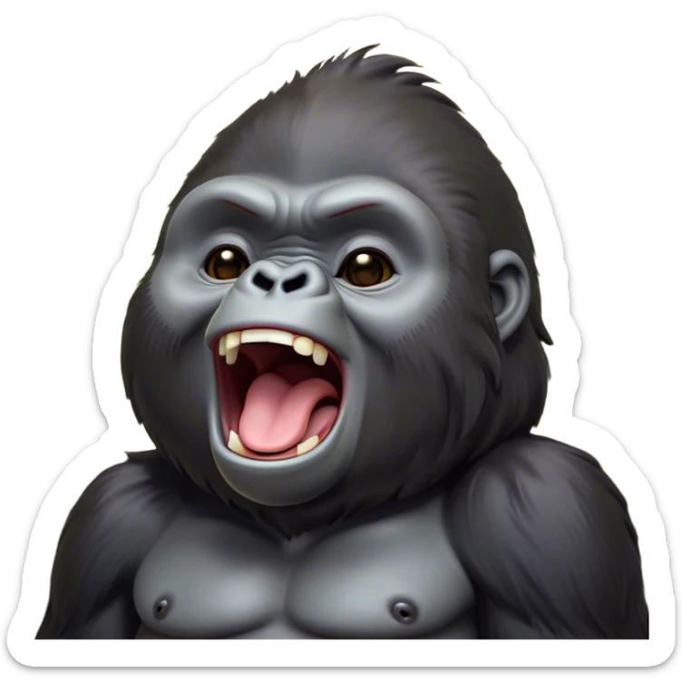 Cinematic Cute Yawning Gorilla Portrait Emoji, Head tilted slightly with a dramatic, wide-open yawn, showcasing a thick, velvety Fur with drowsy, half-closed eyes and a relaxed, open expression, Simplified yet irresistibly adorable features, highly detailed, glowing with a soft, cozy jungle glow, high shine, relaxed yet expressive, stylized with a dash of whimsical primate charm, soft glowing outline, capturing the essence of a drowsy yet affectionate guardian that appears ready to stretch out for a nap! sticker