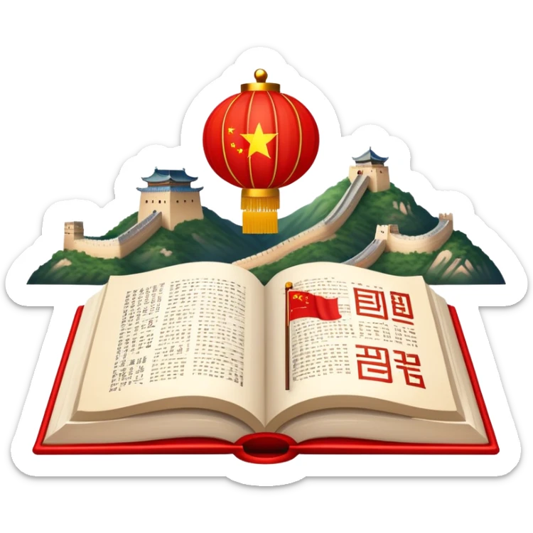 An icon featuring the Great Wall of China and the flag of China, symbolizing the Chinese language. The design includes an open book with Chinese characters and a red lantern, representing language learning and rich cultural tradition. Transparent background highlights the depth of Chinese heritage. sticker