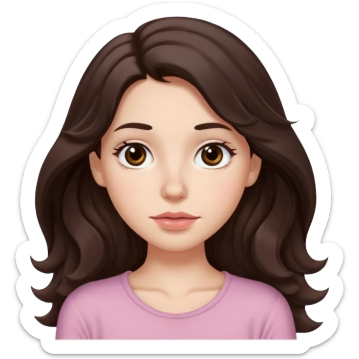 Aesthetic white girl with really long wavy/curly hair color dark brown, hair must be in front of the shoulders (hair in front of the shoulders). Big almond shape tired eyes color brown with dark circles, wide nose, natural lips, sweet expression. Dressed with a cute tight top color light pink. sticker