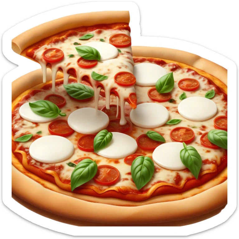 Cinematic Realistic Pizza Napoletana Dish Emoji, depicted as a classic thin‚Äêcrust pizza topped with vibrant tomato sauce, fresh mozzarella, and basil rendered with mouth‚Äêwatering textures and warm natural lighting. sticker