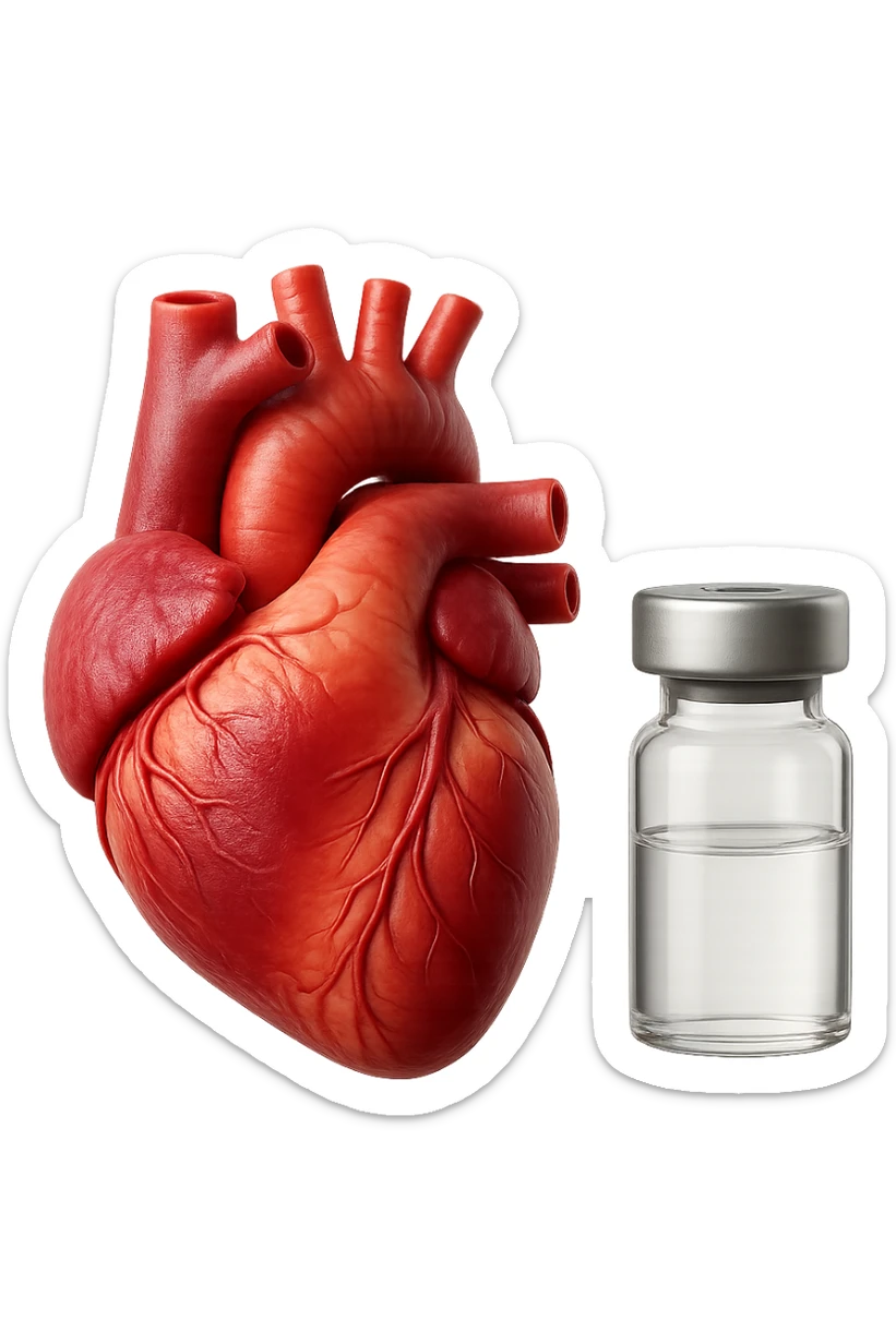 emoji stile iphone di cuore anatomico realistico in 3d che fluttua in aria insieme a una boccetta di fiala medica, FALLO MOLTO REALISTICO IN 3D sticker