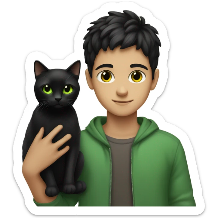  boy with black hair and brown eyes holding a black cat with green eyes sticker