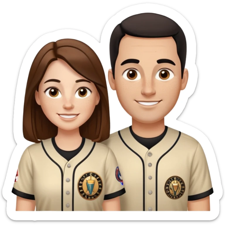 *White* couple smiling. Woman has big cheeks and a lot of freckles on the nose. long brown hair. Man has black and very short hair and prominent eyebrows with egipcian nose. Both are wearing “Los Padres” baseball jearsey sticker