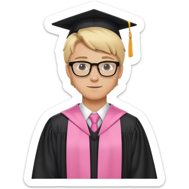 A blonde-haired young white man, wearing glasses, in the middle of his graduation with black and pink theme sticker