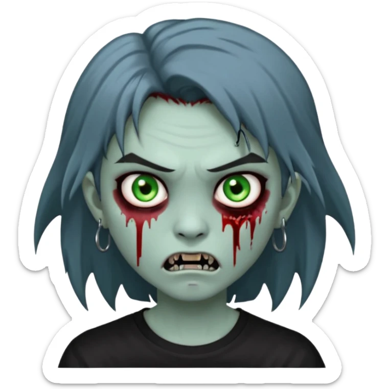 3D emoji-style avatar with very pale blue-grey zombie skin, dark brown hair, a young Asian face, and large green eyes with blood tears. Give it white litle bit messy mullet hair style , silver hoop earrings, and a plain black T-shirt. The face expression should be slightly angry, with vampire fang sticker
