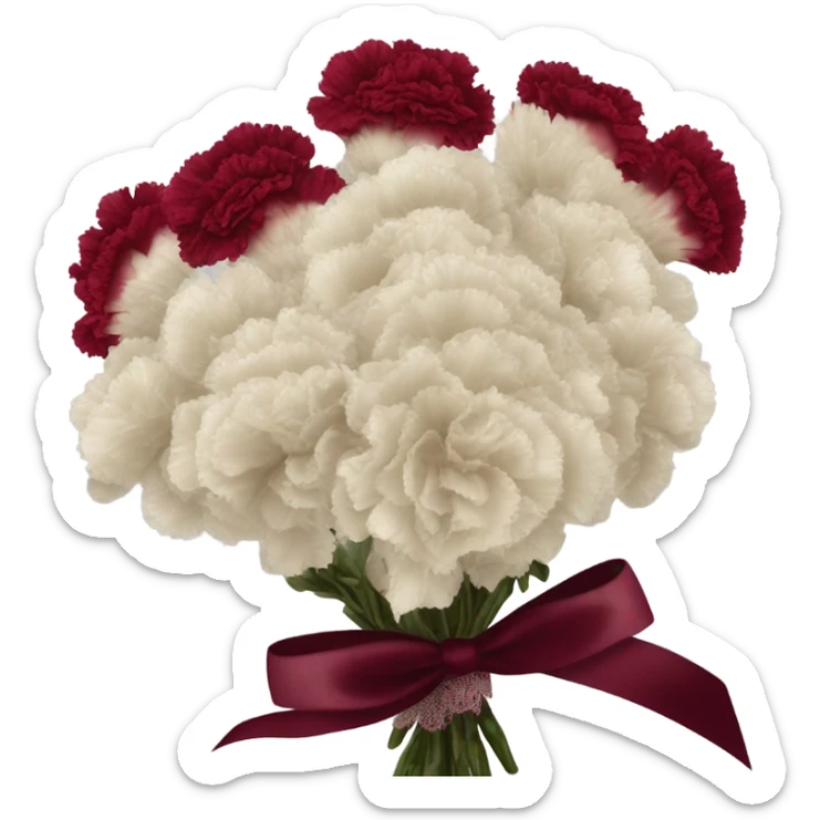 A classic bouquet of crimson carnations tied with a delicate lace-trimmed burgundy ribbon sticker