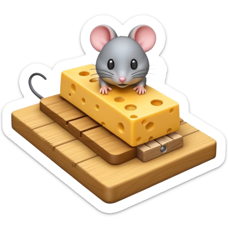 A 3D emoji in iOS emoji aesthetic style of a small mousetrap on a wooden base with a tiny gray mouse approaching a small piece of yellow cheese on it, minimal white background, bright lighting, clean and glossy Apple-style design sticker