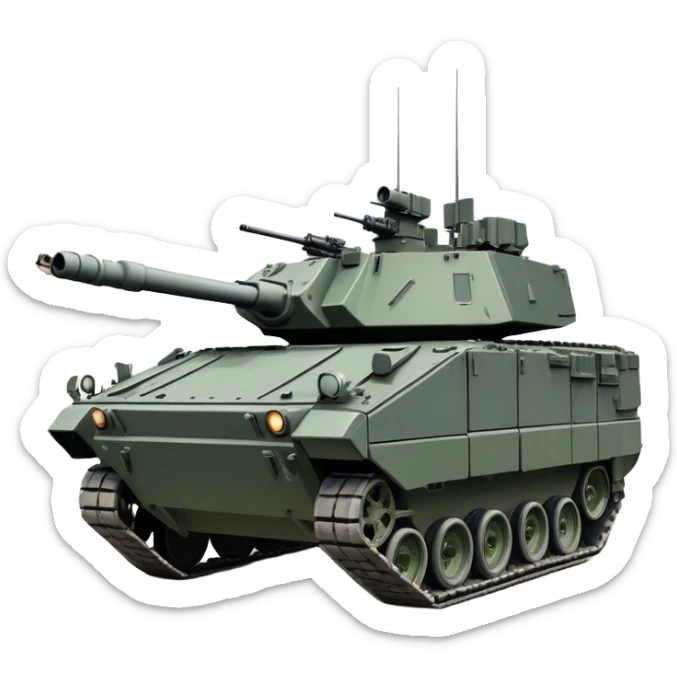 Stryker M1126 (2020) – Cinematic-realistic Stryker M1126 armored personnel carrier, its dark grey-green hull speeding down a war-torn street. The eight large wheels grip the cracked pavement as infantry hunker inside, the turret-mounted .50 cal machine gun scanning rooftops for threats under the eerie glow of distant fires. sticker