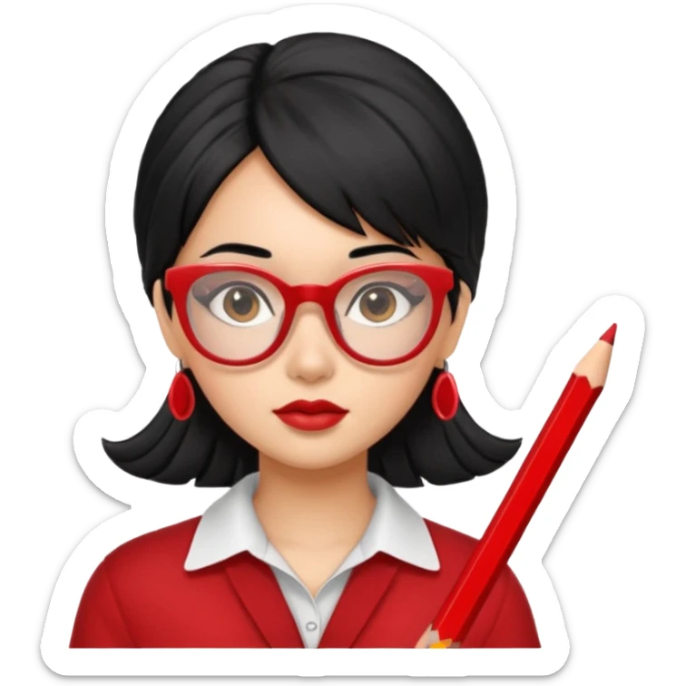 Morena girl with black hair in a pencil that creates a hun hairstyle. She has red glasses sticker