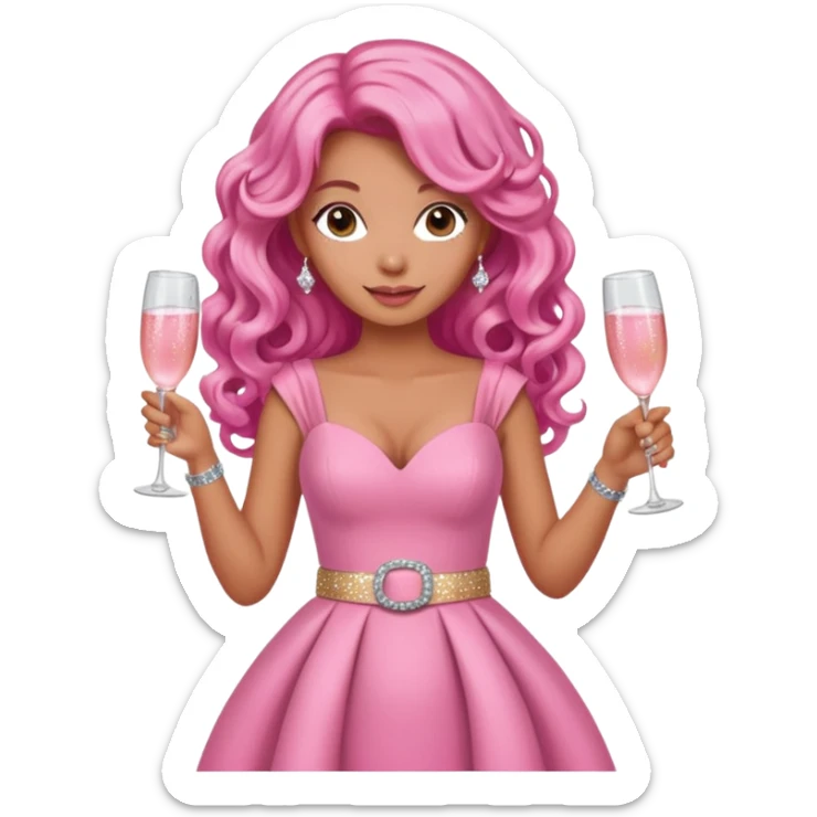 One lady with long pink curled hair and tan skin wearing a pink dress with sparkly belt holding a glass of pink champagne in each hand sticker