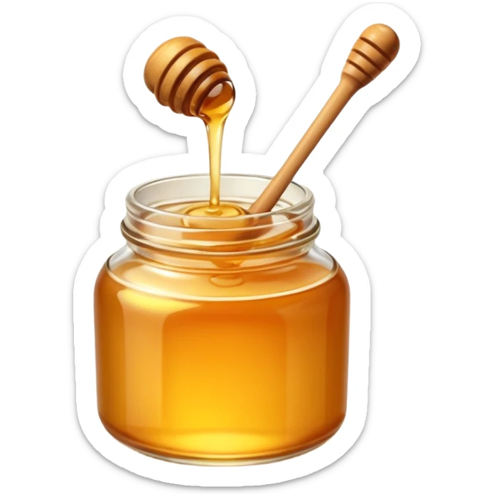 A glass jar of golden honey with a honey dipper, cozy and warm, in elegant sticker