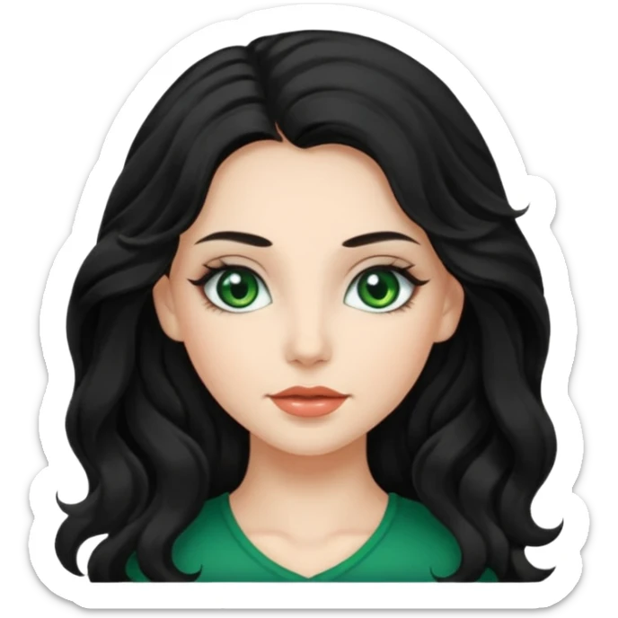 Caucasian girl with long, wavy black hair, green eyes, and pretty makeup. sticker