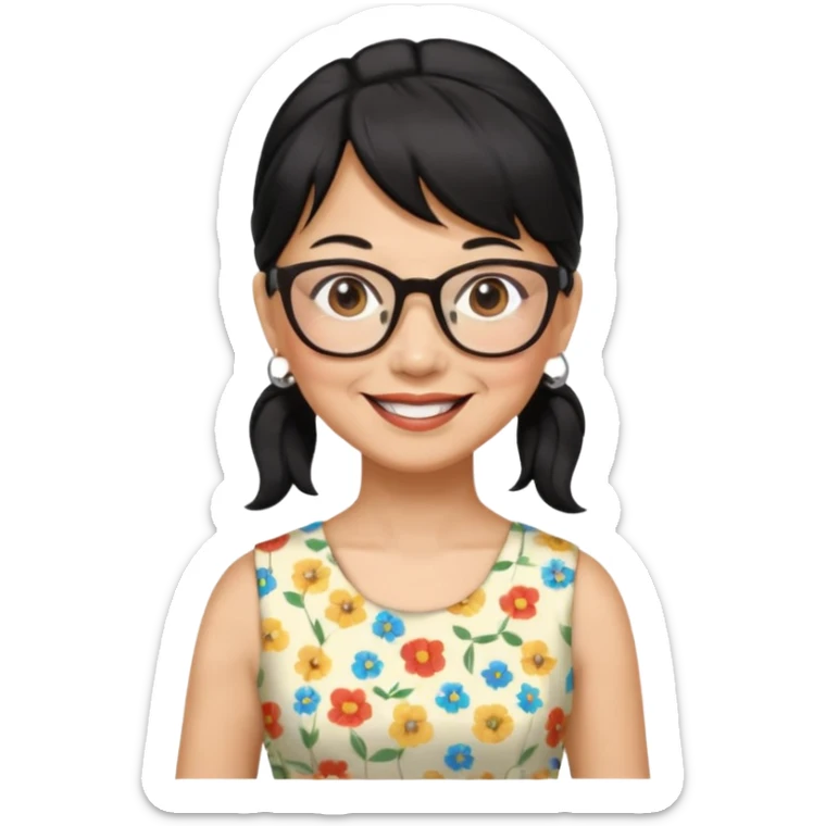 filipino woman black hair in one pony tail with straight bangs and big glasses, 60 yr old, nice dress

 sticker
