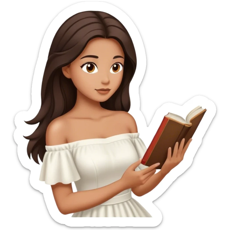 Beautiful woman in 1950’s woman fashion look, off-shoulder white dress, long dark brown hair, reading  sticker
