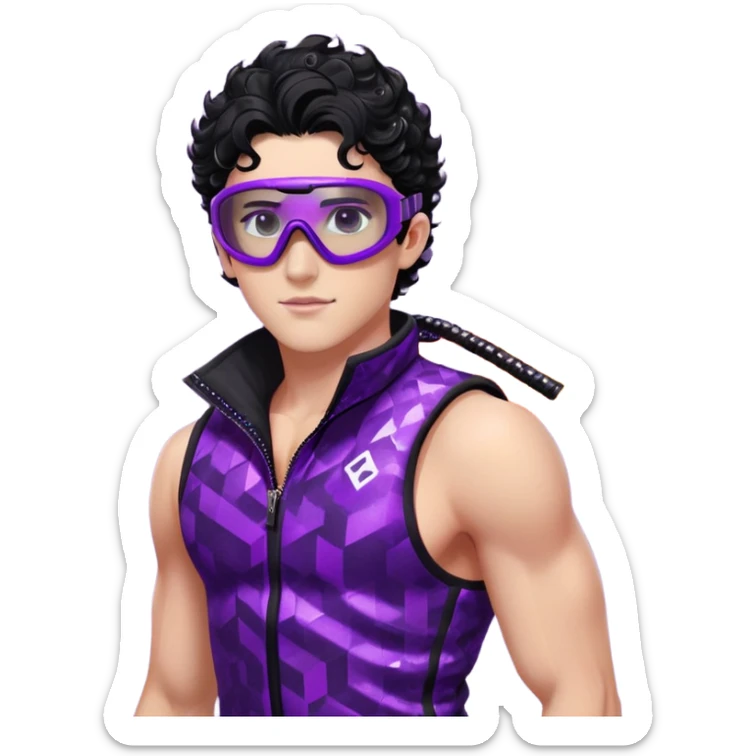 male athlete with white skin and moderately curly black hair on top with shaved sides, wearing ski goggles with purple frames and very dark black lenses, a simple plain black chain necklace, and a completely unzipped sleeveless vest with purple and black sequin fire pattern design, fully revealing his chest, shoulders and arms, no earrings sticker