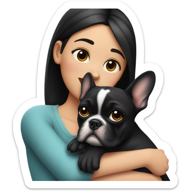 A girl with dark hair hugs a black French bulldog sticker