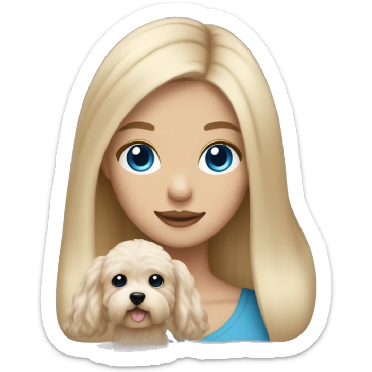 Blonde girl with long straight hair with blue eyes holding a beige maltipoo sticker