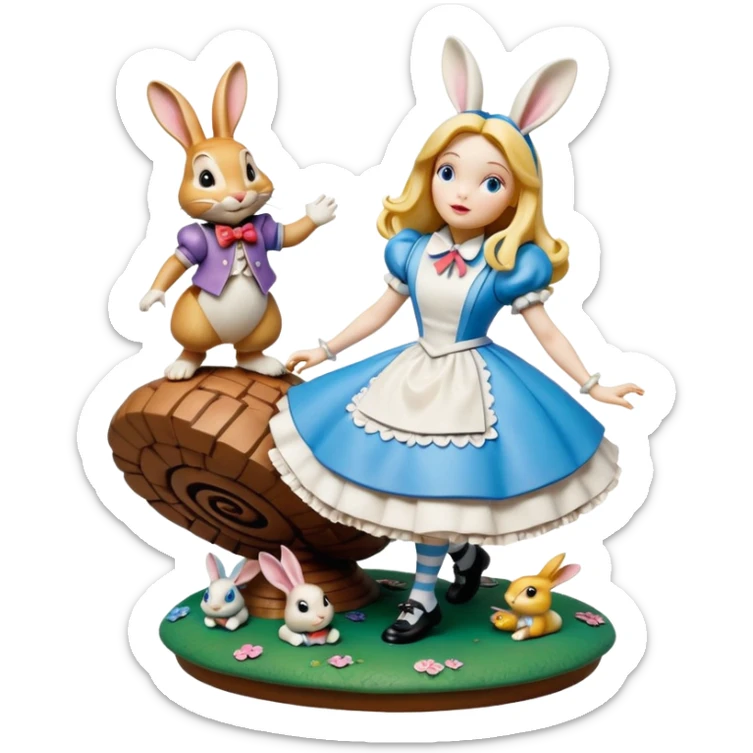 Still life, hyperrealism, ultra detailed illustration of the most incredibly amazing modern style of disney's Alice in wonderland falling down the  rabbitbhole
figurine imaginable, toy style. sticker