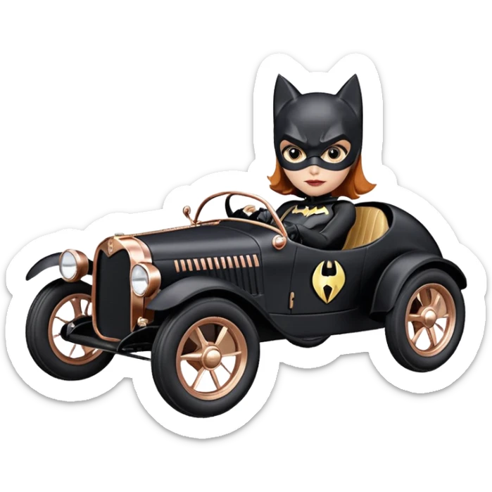 Hot real-appearance racing action BatGirl’s sixty’s tv show 1932 stealth retro cat burglar sporty petite off-road pursuit mobile cruiser car rose gold accents (reclined and relaxed seating position and attitude) sticker