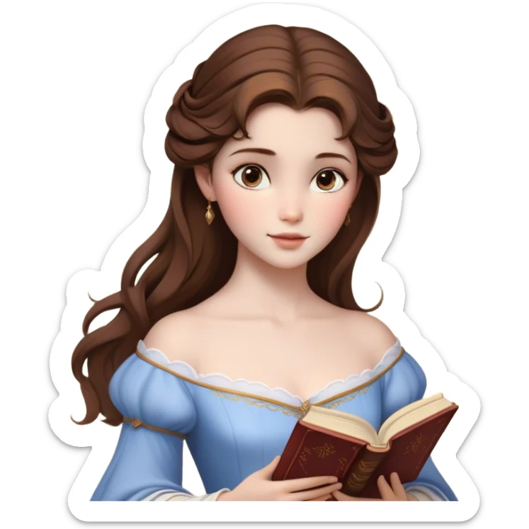 Cinematic Realistic Belle Portrait, depicted with lifelike skin texture, soft natural lighting, and intricately detailed brown hair styled elegantly. Her deep, expressive eyes exude warmth and intelligence, complemented by a serene and graceful expression. She gently holds a book in one hand, her other hand resting at her side, radiating an aura of beauty and intellect. She is dressed in her classic yellow ball gown, the fabric rich in texture with delicate folds that catch the light beautifully. The portrait features a soft, enchanting glow with a natural, radiant finish, capturing the essence of timeless beauty in a realistic and painterly style, evoking a sense of depth and authenticity. sticker