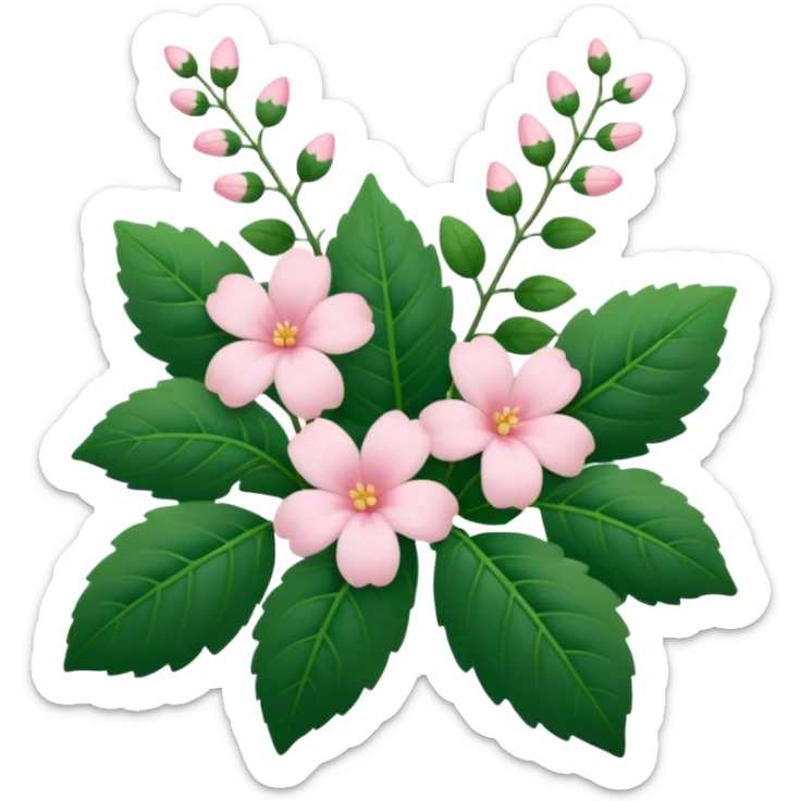Aesthetic flowers and plants growing from the ground in colours of soft pink matching the deep green leaves (to describe/match with the word flourish) more of a wild bush or vine  sticker