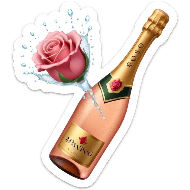 bottle of sparkling rosé champagne with a rose logo on the label, with the cork exploding out from the top, tilted up and to the left, no glass sticker