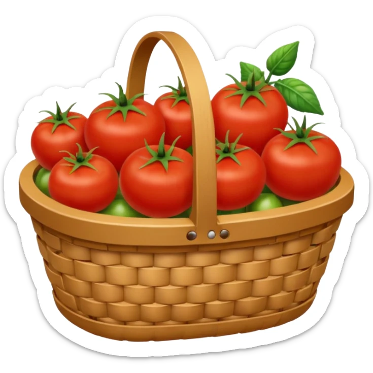 It is an image of fruits including tomatoes in the basket, and there are 5 to 6 fruits sticker