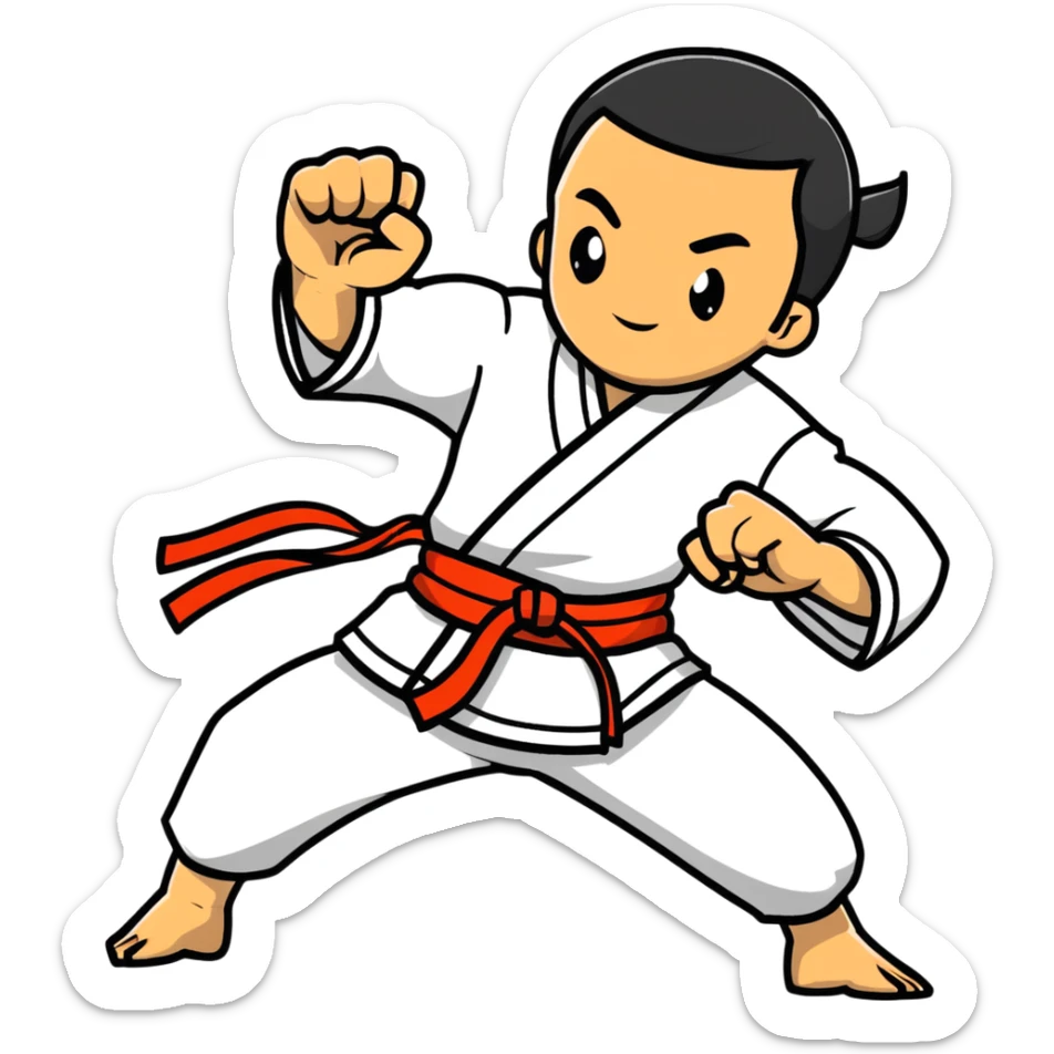 Martial artist in dynamic kung fu pose, wearing traditional loose outfit with sash sticker