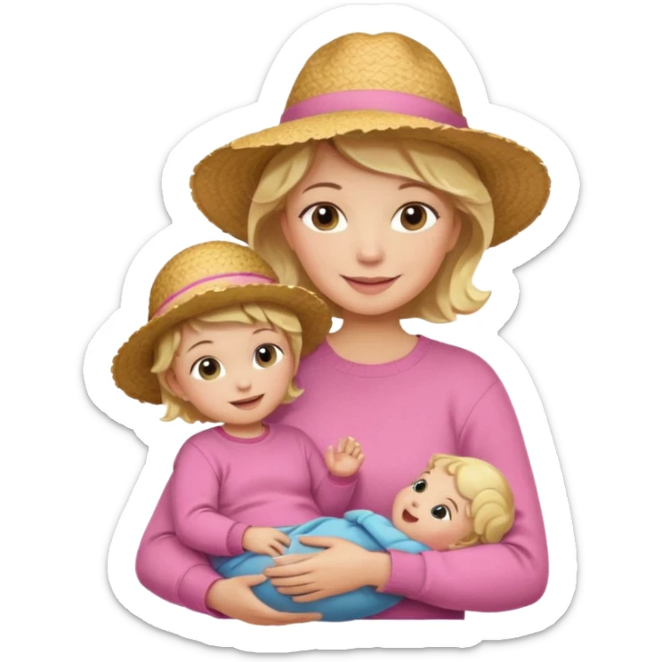 A cheerful wavy short blond hair mom in a straw hat carrying her child, wearing a pink sweater sticker