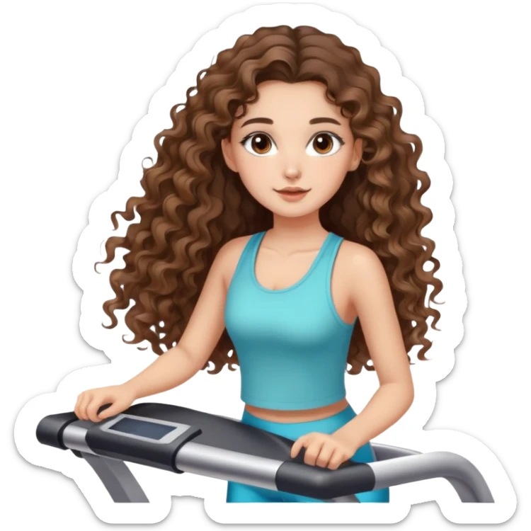 cute girl long brunette balayage curly/wavy not voluminous hair, brown eyes, hoop earrings, natural pretty clean makeup: on a treadmill walking sticker