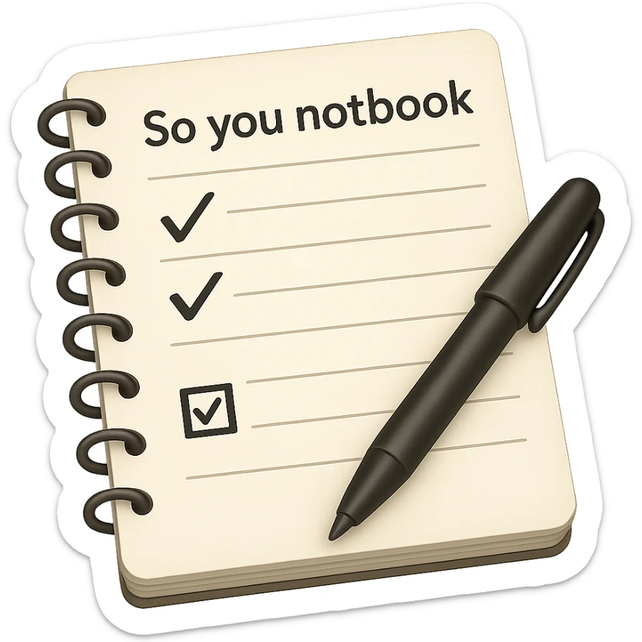 emoji of white vintage notebook with some list on it and a black pen nearby sticker