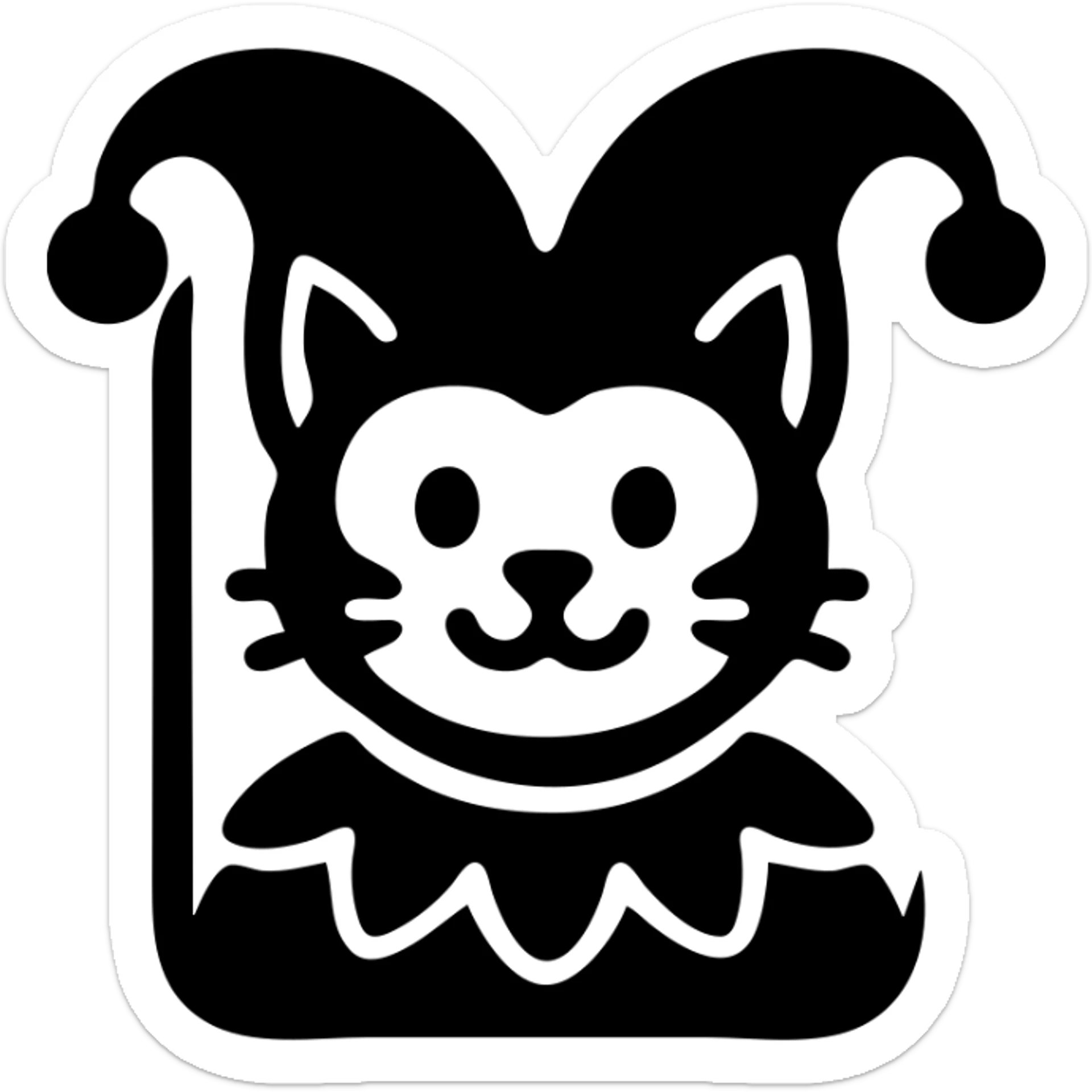 crazy cute little cat jolly joker from poker, medieval, vintage, court jester, mac os icon, purple, gold and red color, head + torso. Squared shape as 3D mac os system icon, symmetrical sticker