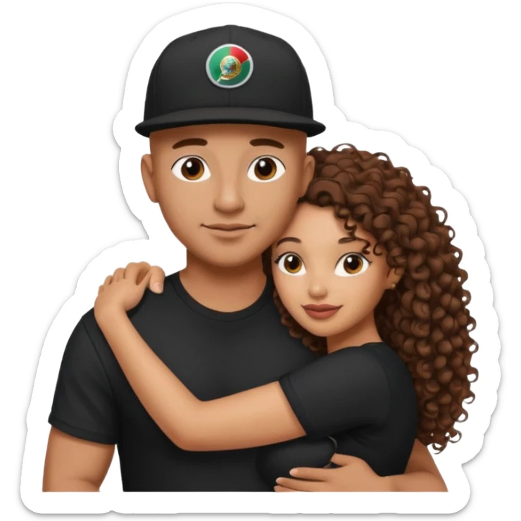 A picture of a tanned couple embracing. the guy is Mexican, with a bald hair cut and he has a SnapBack hat on. The girl is mixed, the girl is wearing a black shirt, the girl has brown curly big hair and the girl has big boobs  sticker