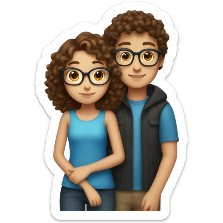 Girl with brown curly hair and blue eyes hugs boy with brown hair and glasses  sticker