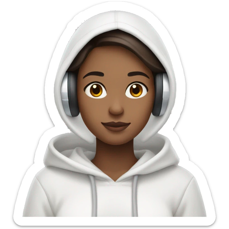 Dark brown hair, girl wearing a white hoodie and airpod max  sticker