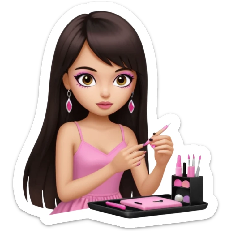 generate a pretty bratz girl in black cami top, dark brown straight long hair with bangs, eyeliner on, getting her nails done sticker