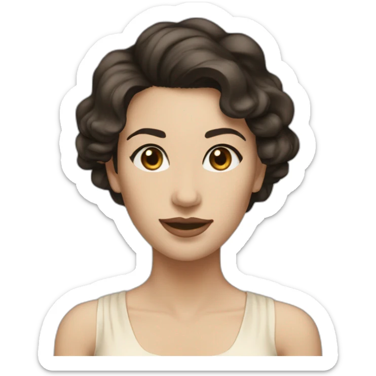 Woman short wavy short dark hair beige dress  white skin sticker