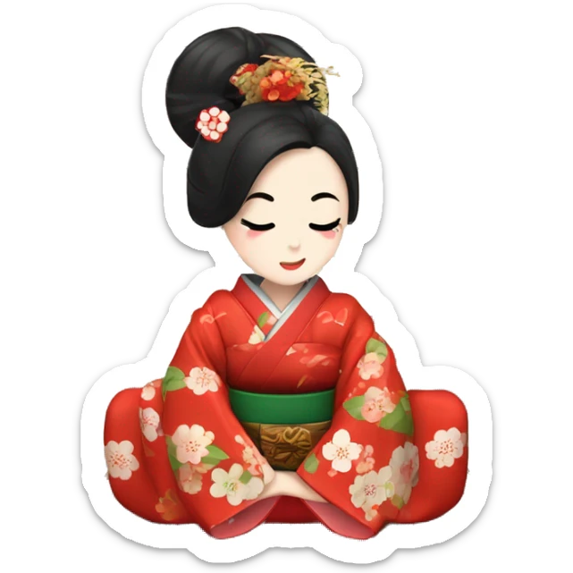Geisha con kimono rojo. ojos verdes. haciendo ceremonia del té en casa tradicional japonesa  sticker