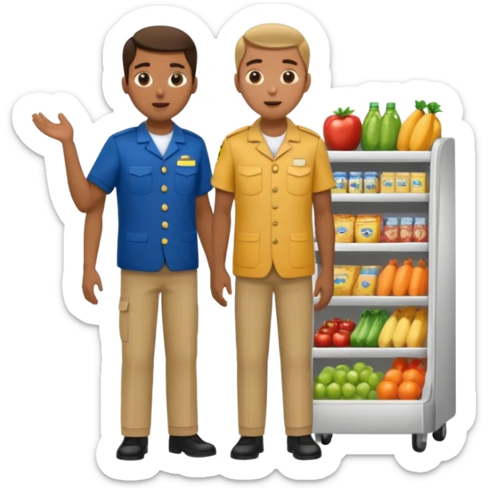Supermarket employee at a cash register, full body, serving a man surprised sticker