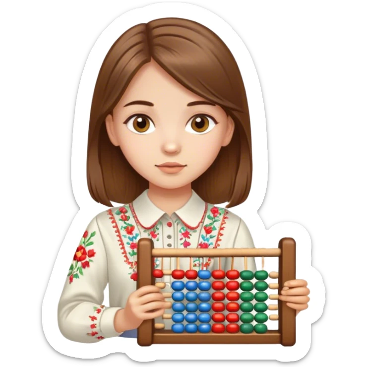 A Ukrainian girl with brown hair in an embroidered shirt holds an Abacus sticker