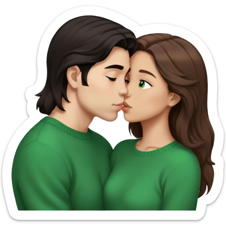 Young guy with black slightly long hair kissing a young woman with brown hair and  green sweater with the emoji made s there is no part that is cut off sticker
