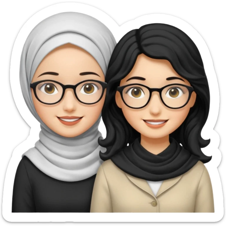 White hijabi girl with black eyes with another girl have long black hair wearing glasses with  another another girl have curly short  honey hair and wearing white glasses  sticker