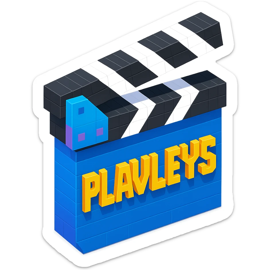 isometric view of a movie clapperboard with the text 'PLAVLEYS' written on it, voxel style sticker