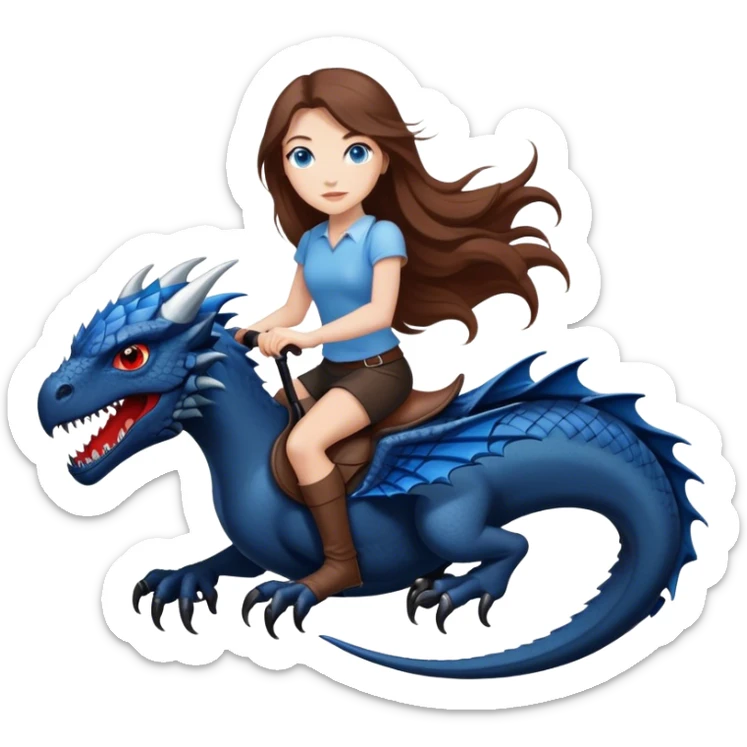 Me, a white female with long brown hair, blue eyes, riding a black wyvern with a tiny bit of red that has only two back legs to your work sticker